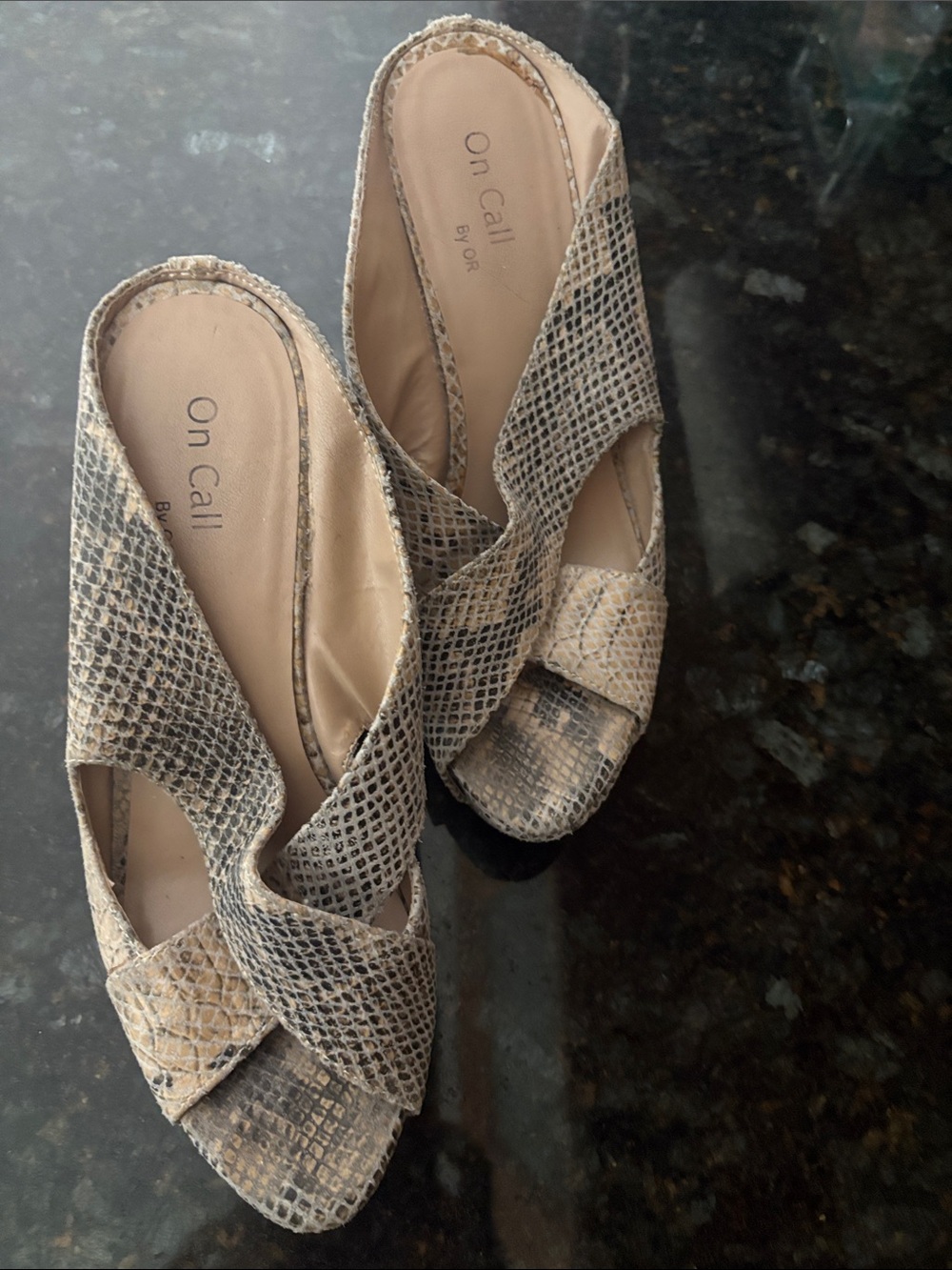 Women's Snake-Print Slip-On Sandals in Beige